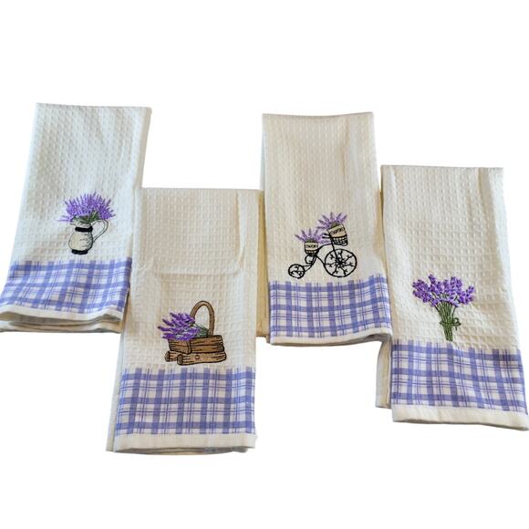 4 Lavender Kitchen Towels Lavien Embroidered Waffle Cotton Blend  Purple Plaid - Picture 2 of 9